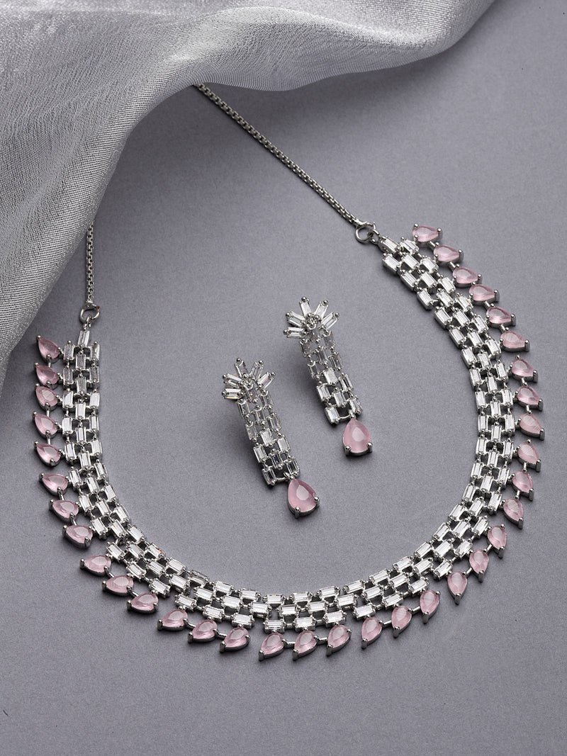 ZENEME Rhodium Plated Silver Toned White American Diamond Studded Necklace 