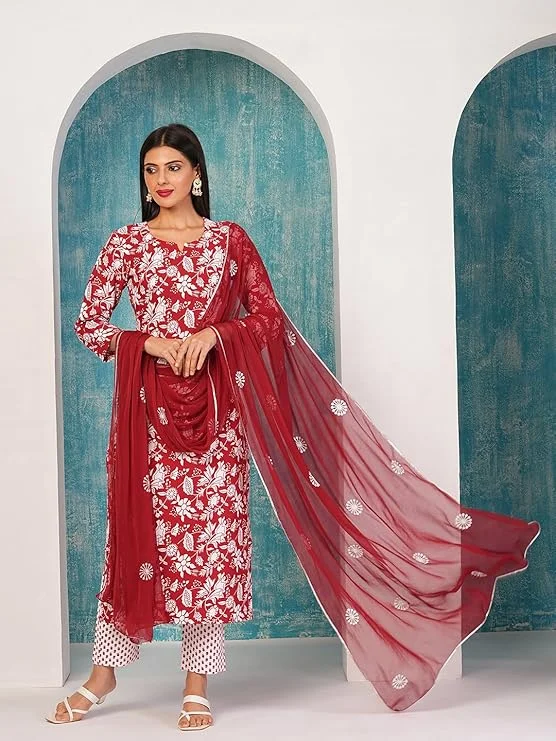 GoSriKi Women's Rayon Blend Straight Printed Kurta with Pant & Dupatta